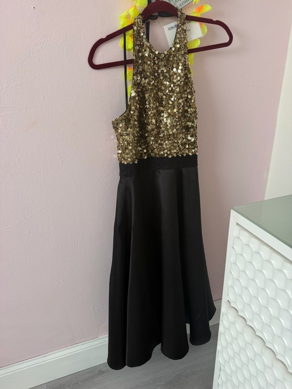 Badgley Mischka Gold Sequin Halter Backless Dress with Black Skirt